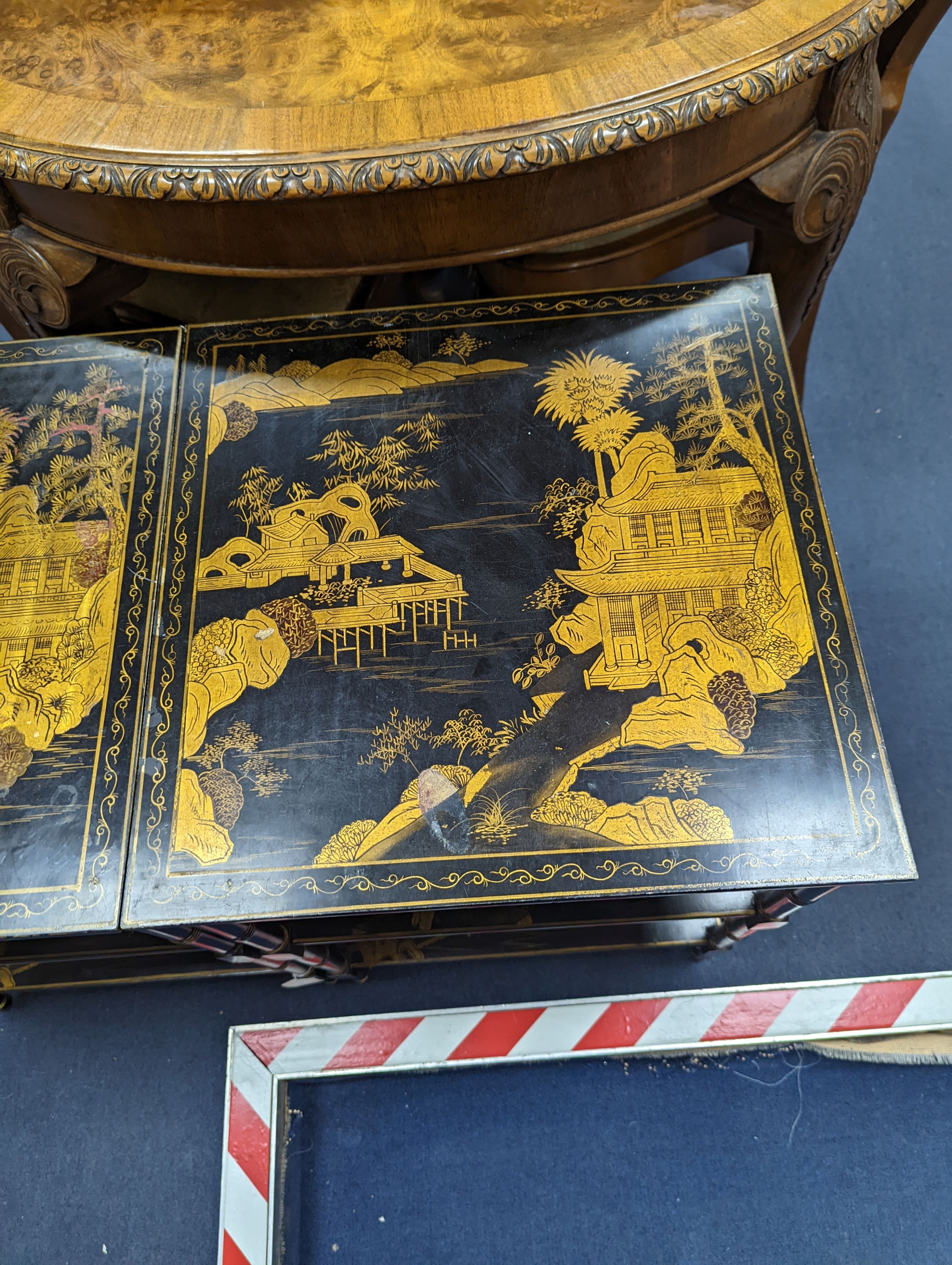A pair of Regency style chinoiserie lacquer square three tier occasional tables, width 45cm, height 66cm